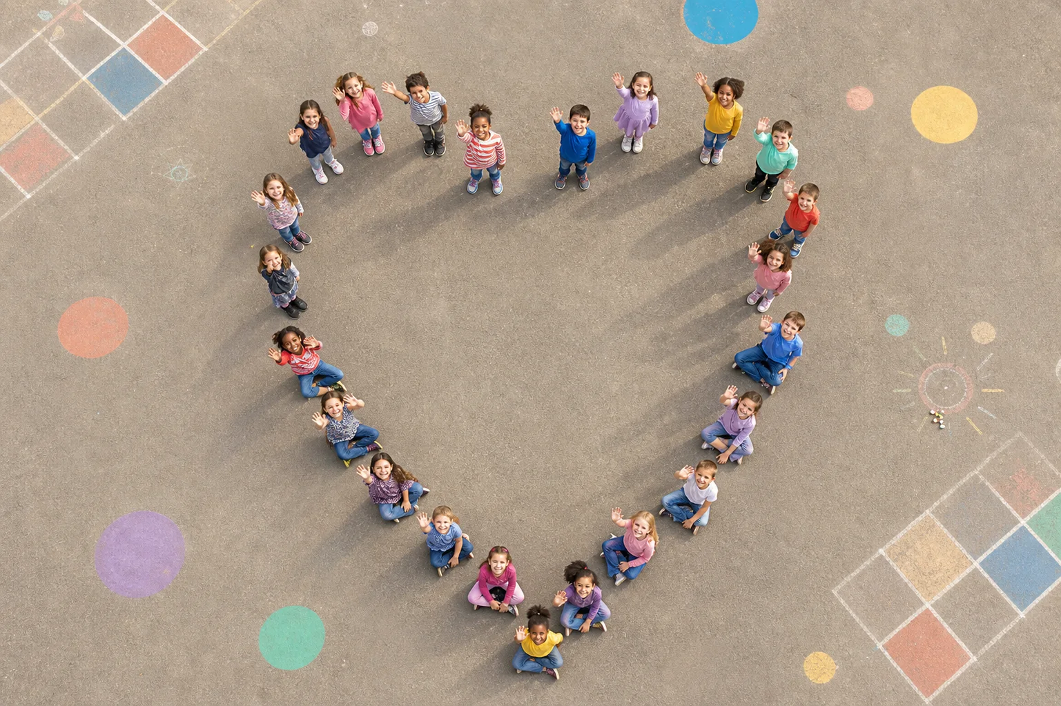 Kinder bilden aus der Vogelperspektive ein großes Herz auf einem bunten Schulhof